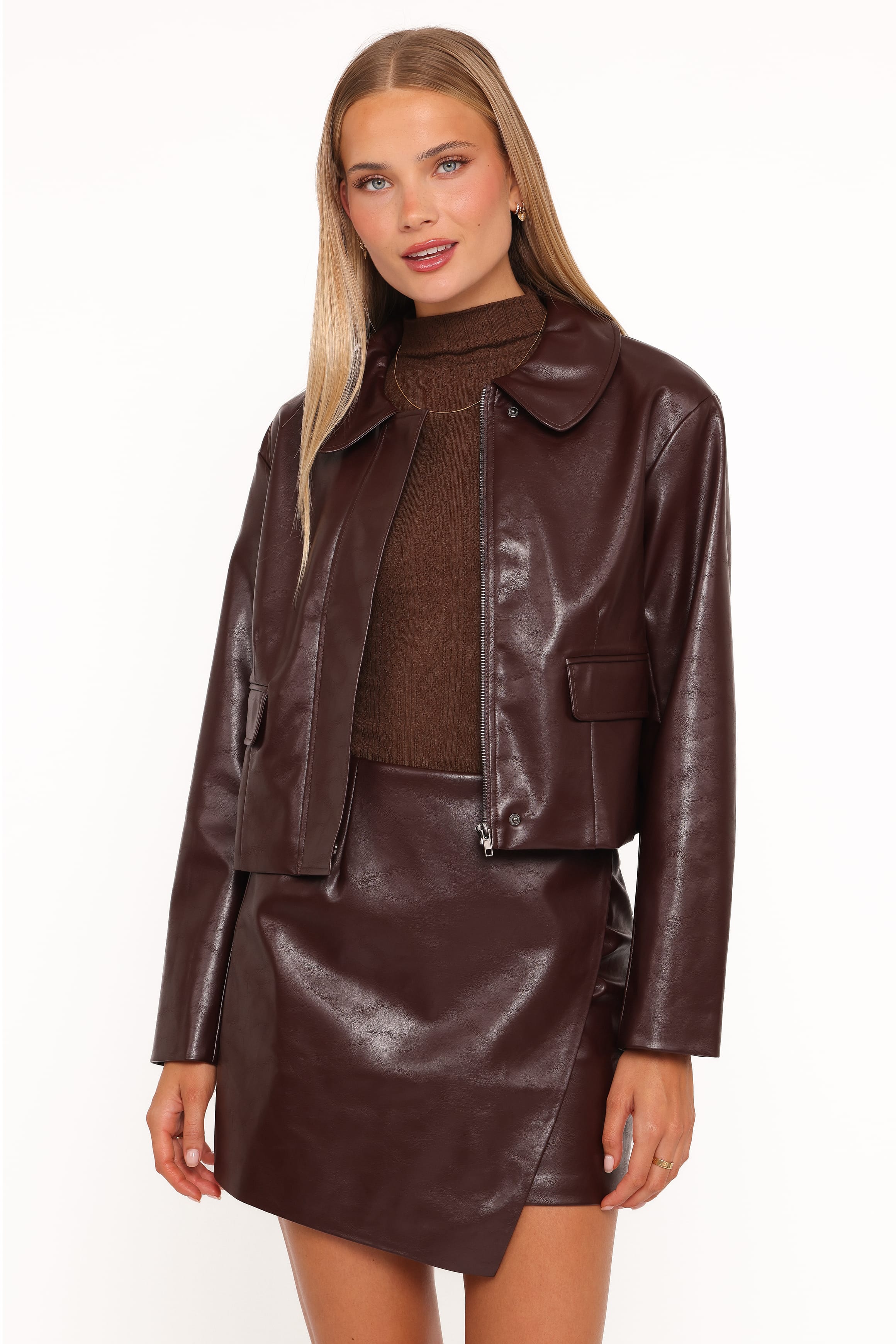 Crop Faux Leather Jacket - Burgundy