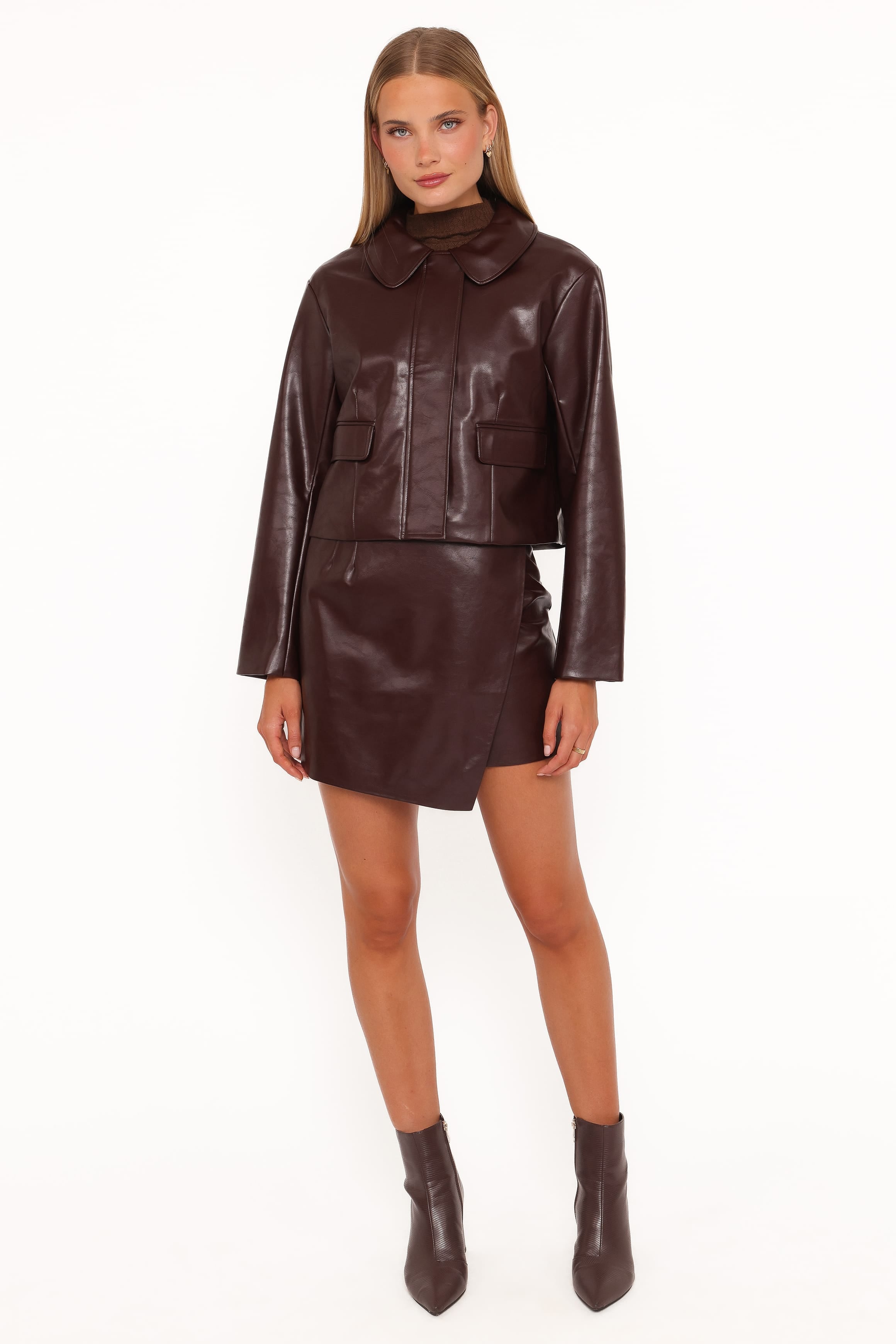 Crop Faux Leather Jacket - Burgundy