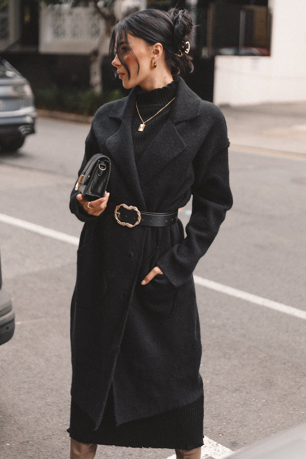 Button Front Long Coat - Black