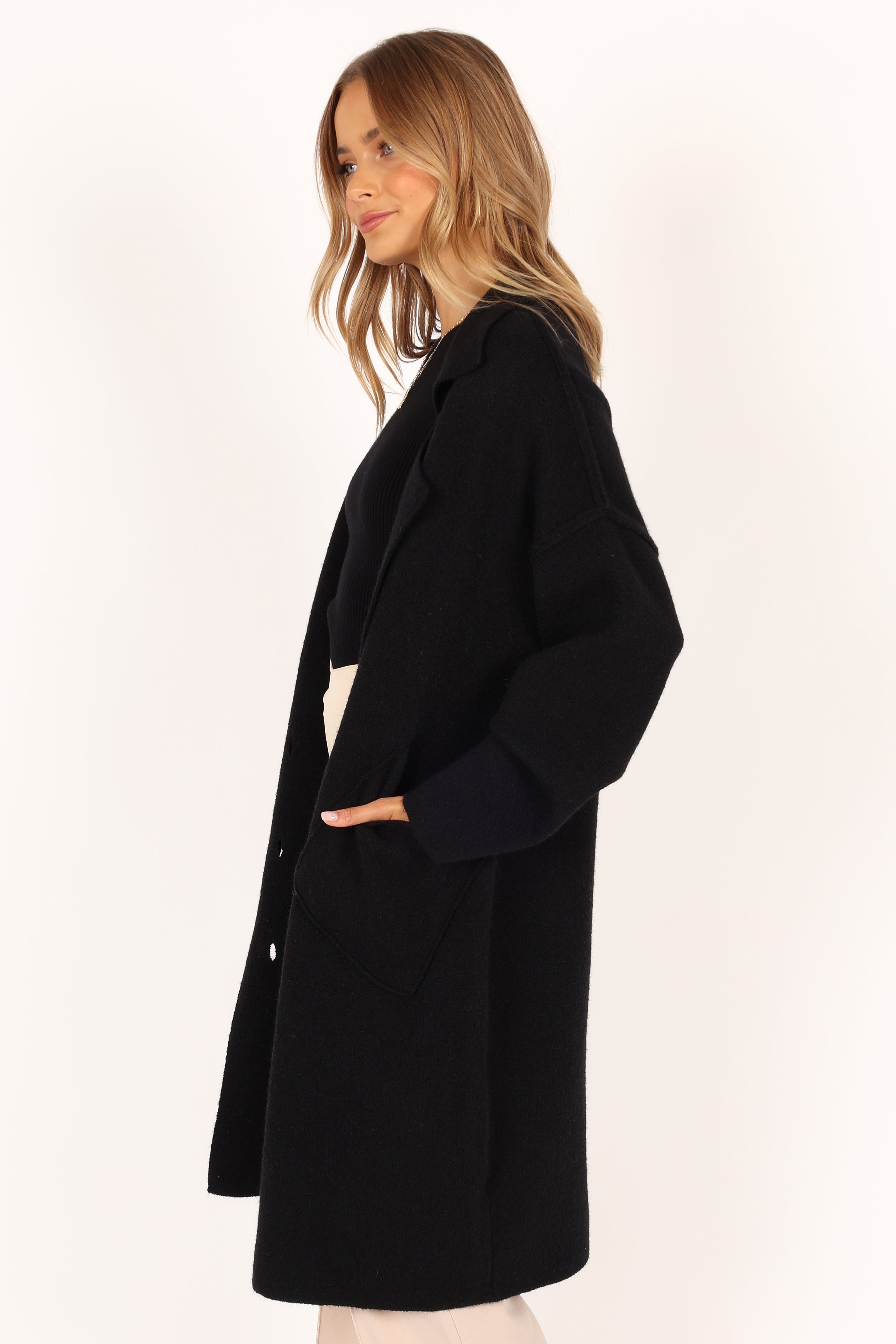 Button Front Long Coat - Black