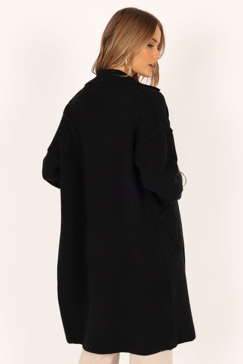 Button Front Long Coat - Black