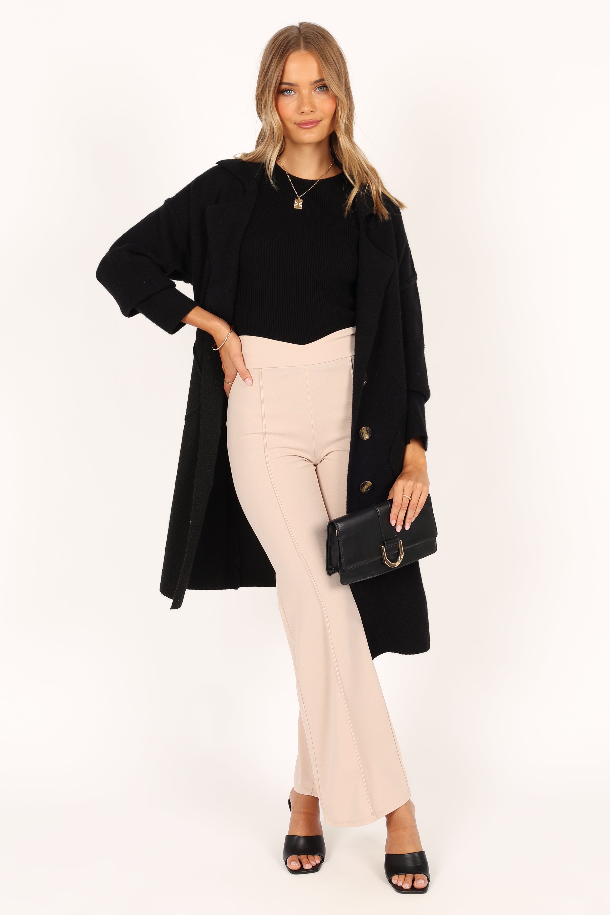 Button Front Long Coat - Black