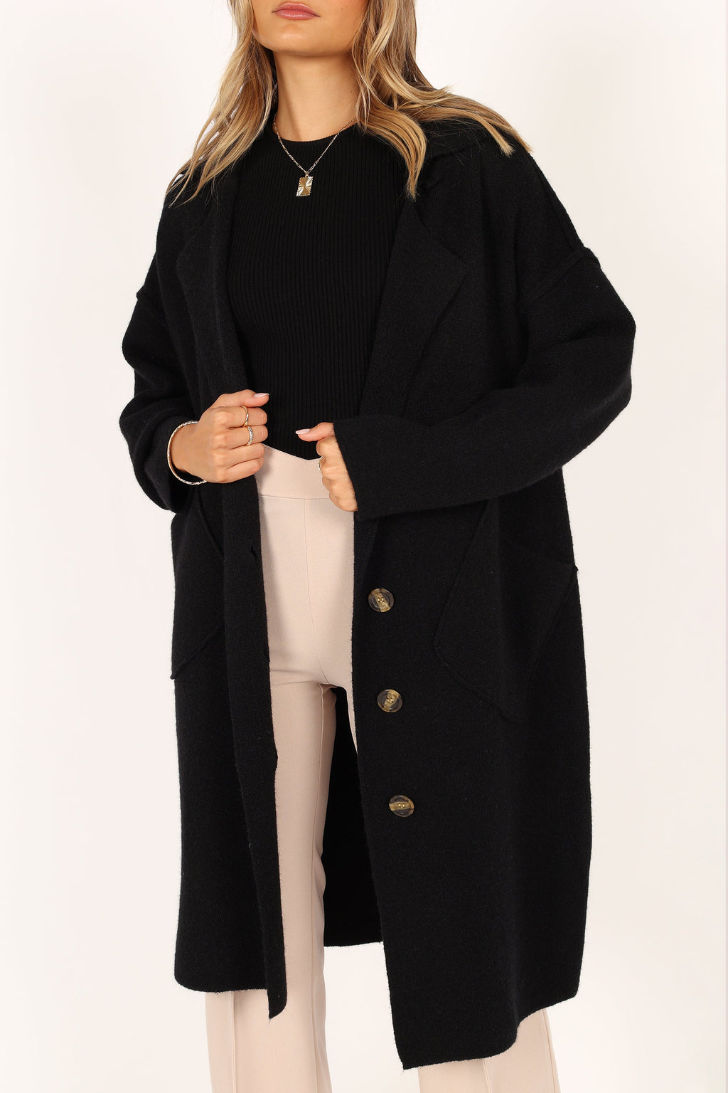 Button Front Long Coat - Black