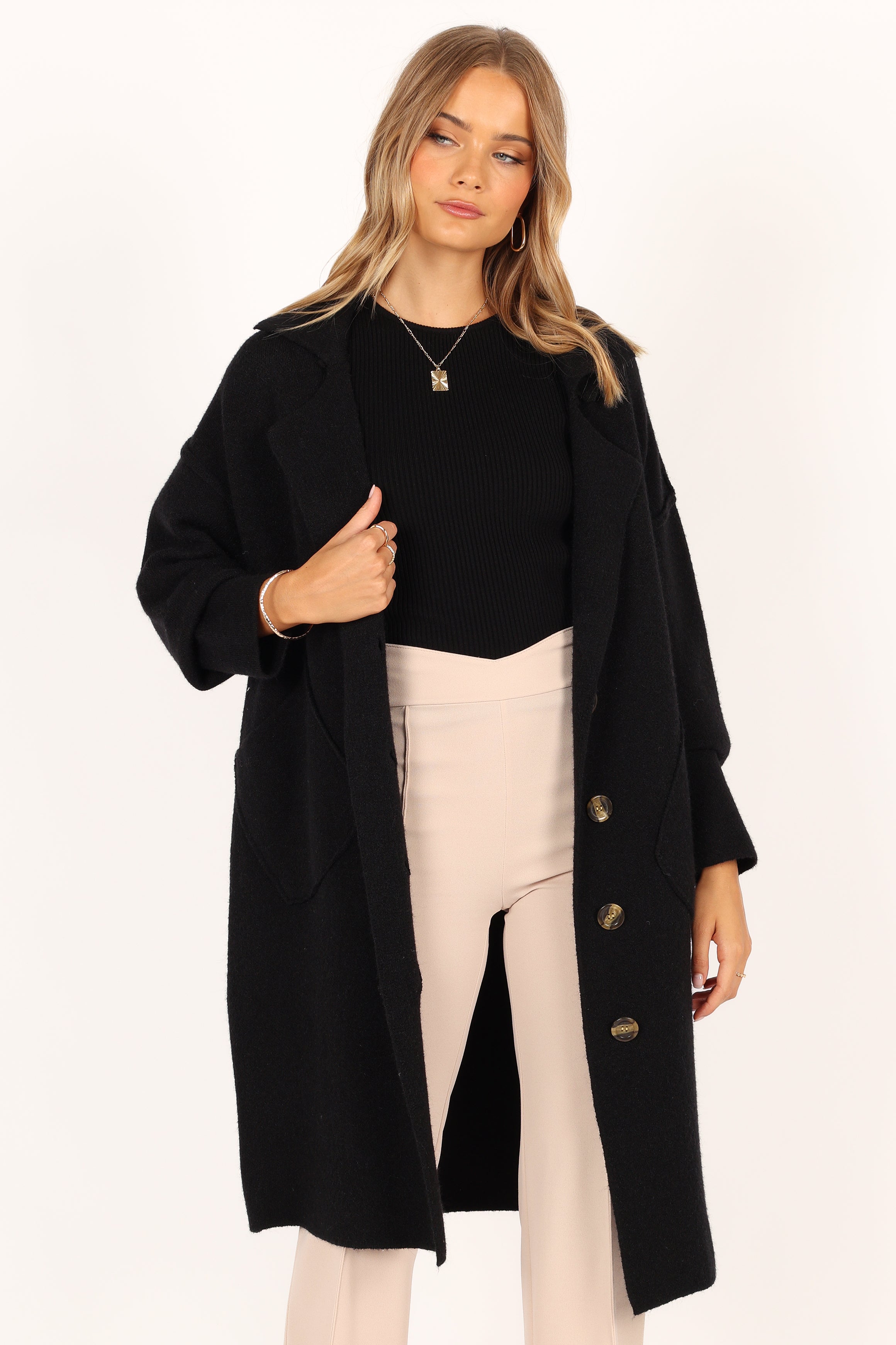 Button Front Long Coat - Black