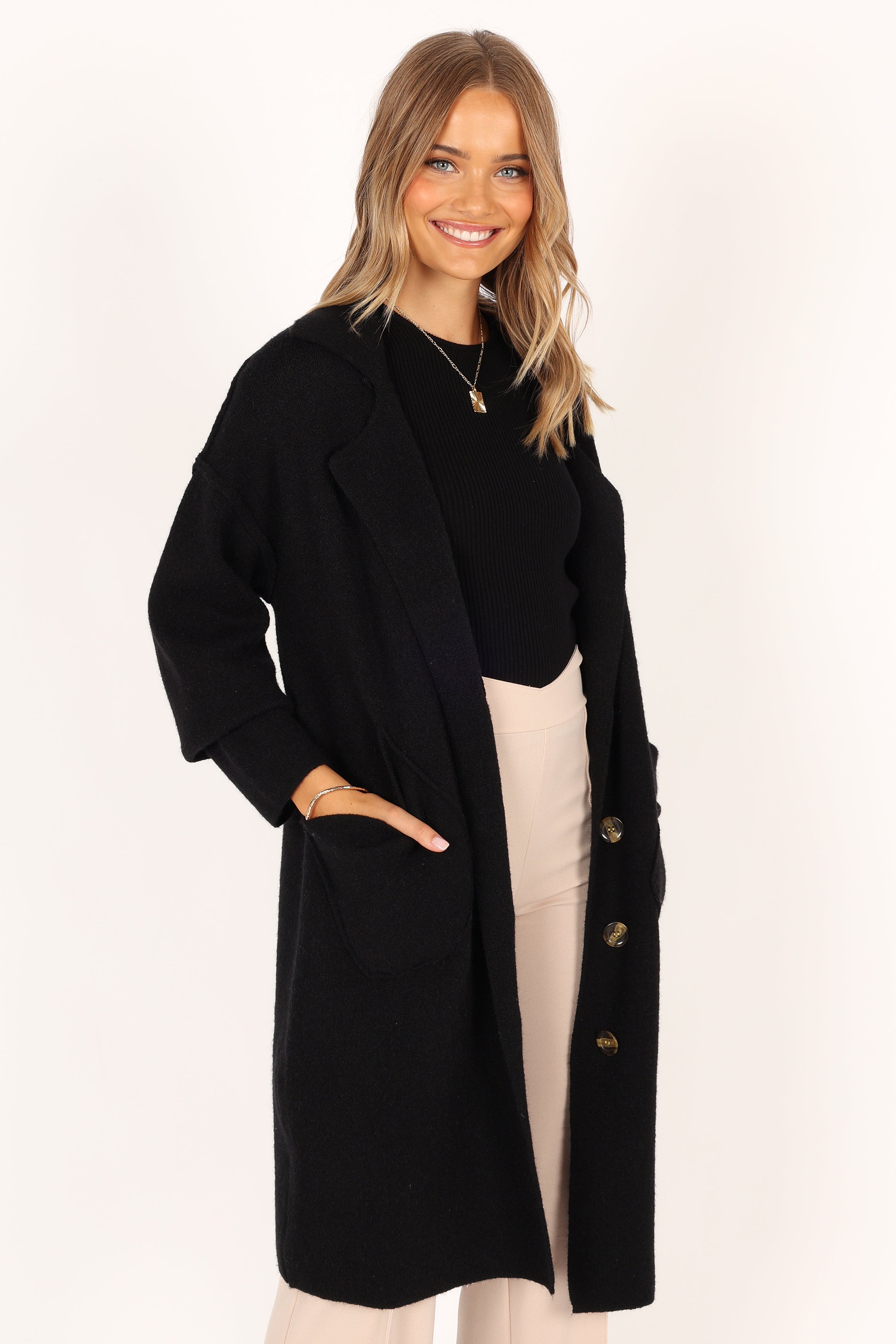 Button Front Long Coat - Black