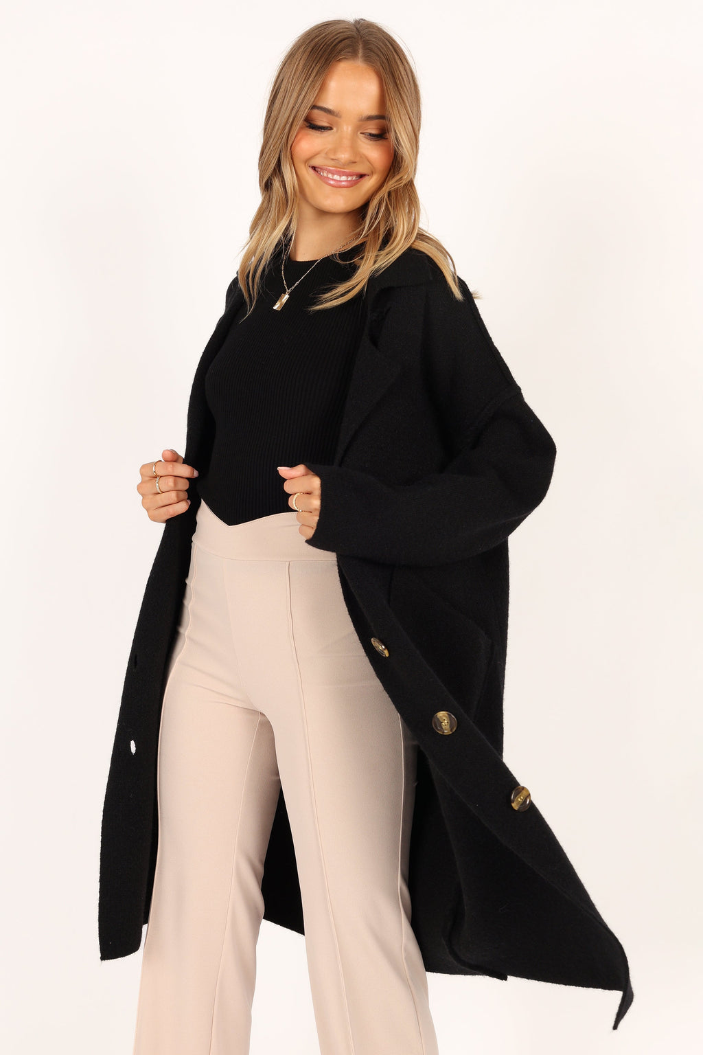 Button Front Long Coat - Black