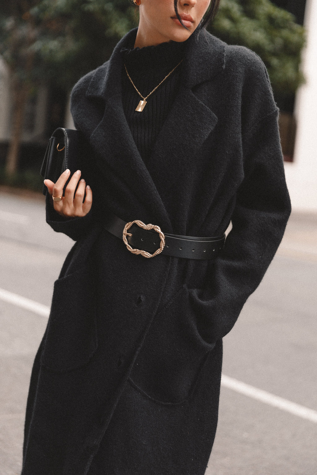 Button Front Long Coat - Black
