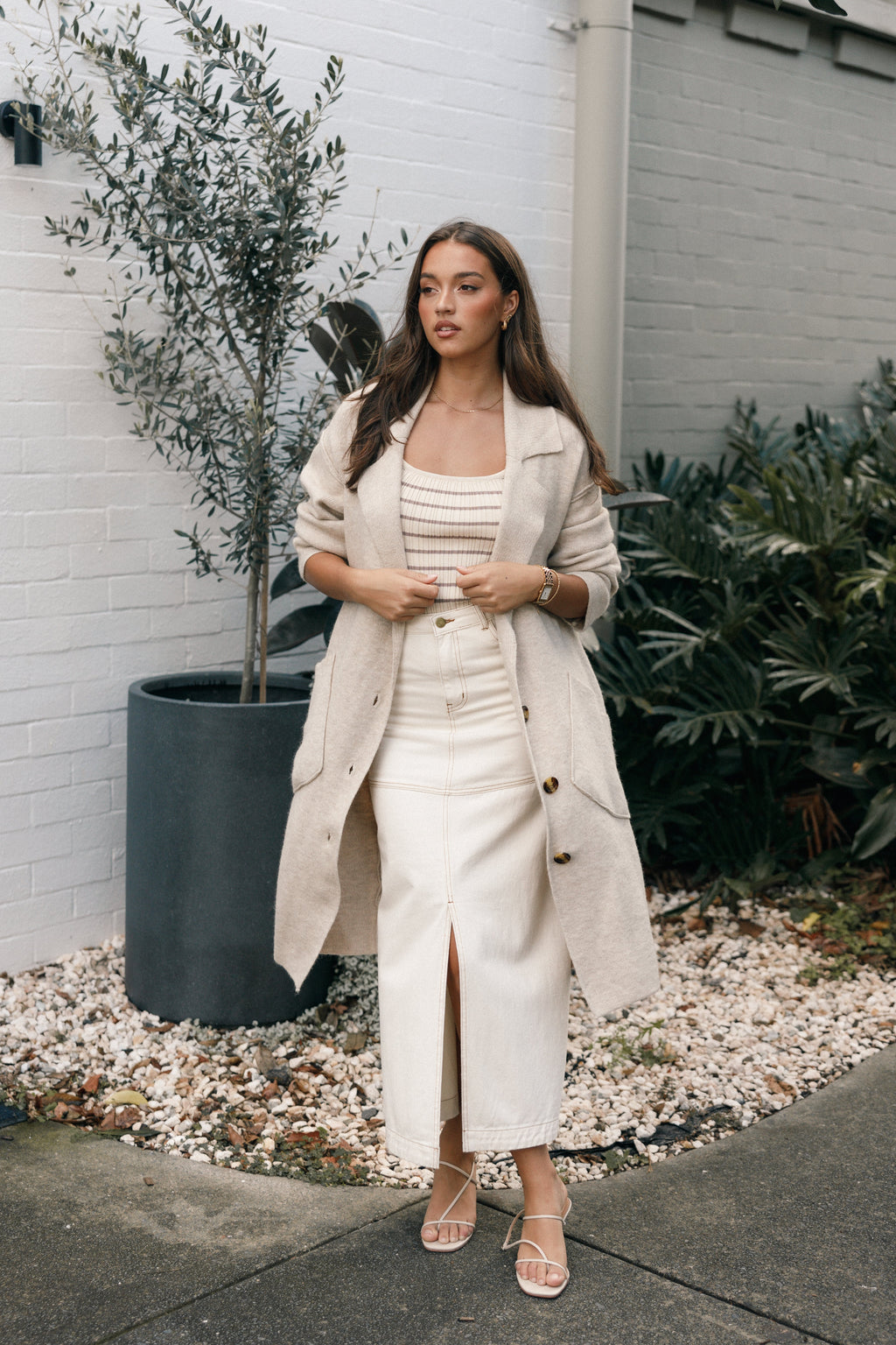 Button Front Long Coat - Oatmeal