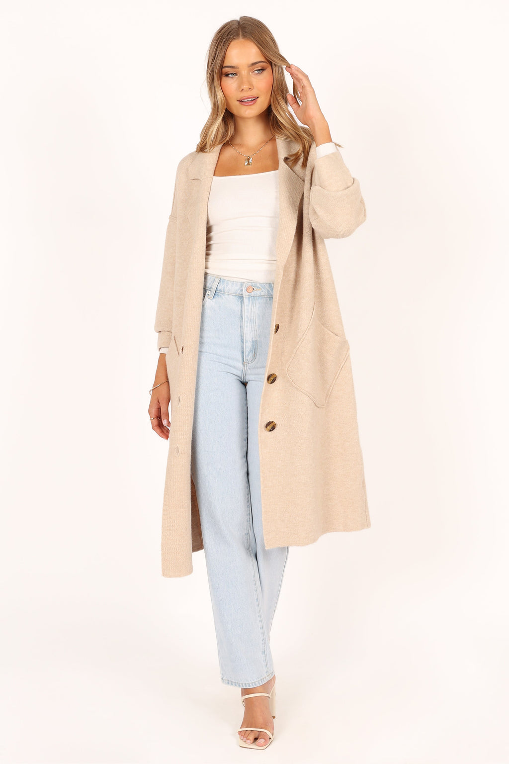 Button Front Long Coat - Oatmeal