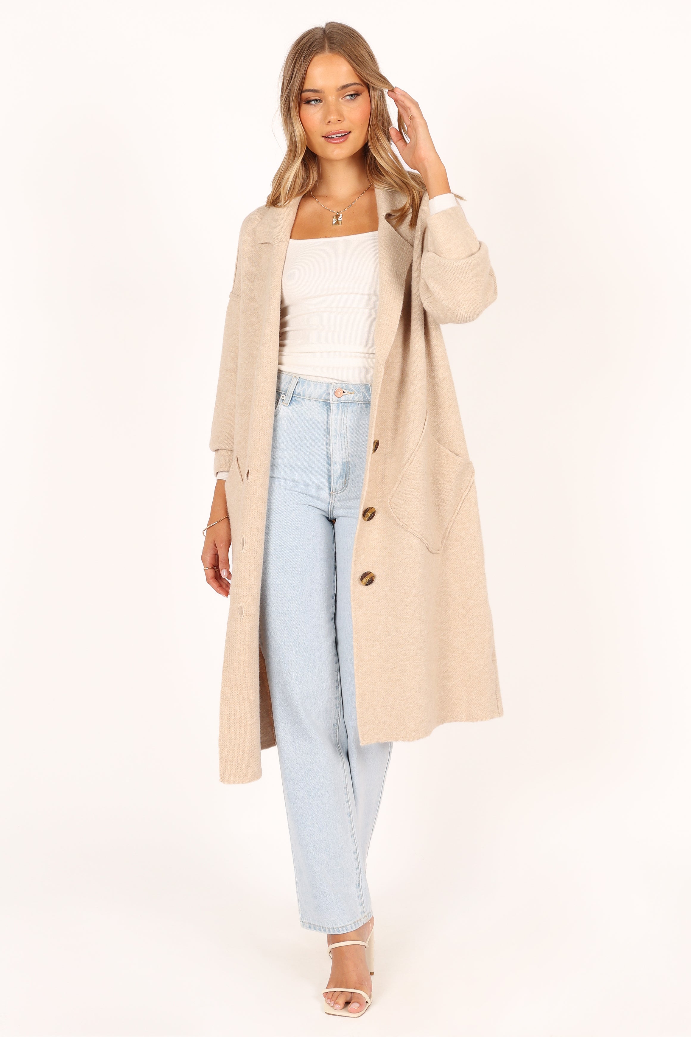 Button Front Long Coat - Oatmeal