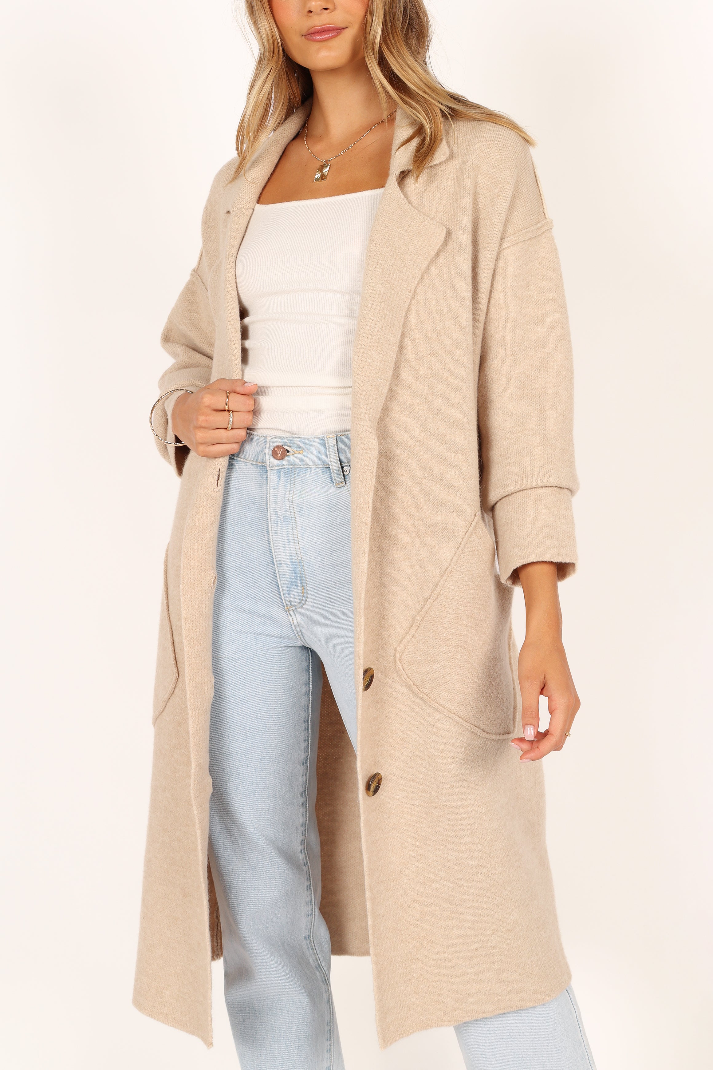 Button Front Long Coat - Oatmeal