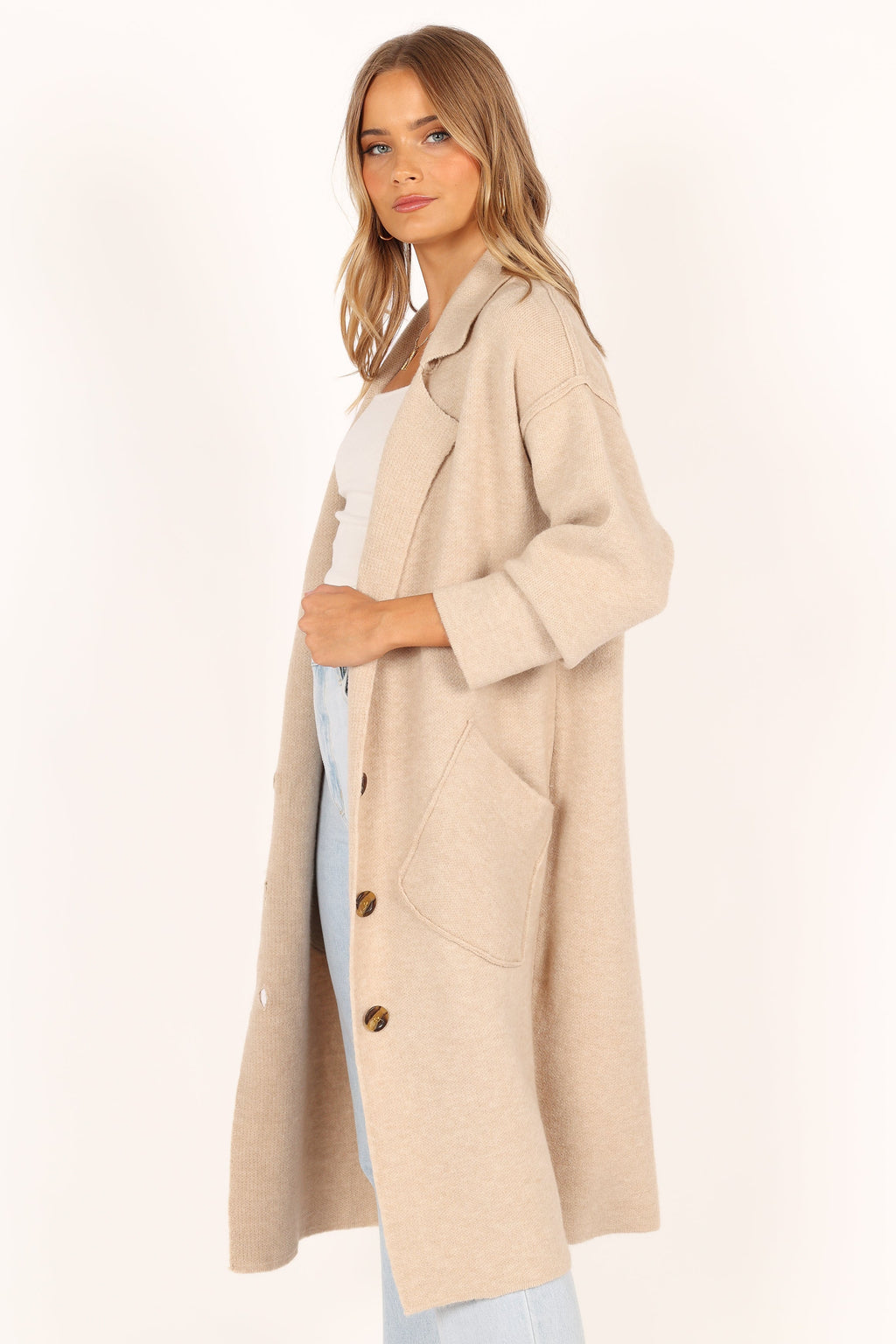 Button Front Long Coat - Oatmeal