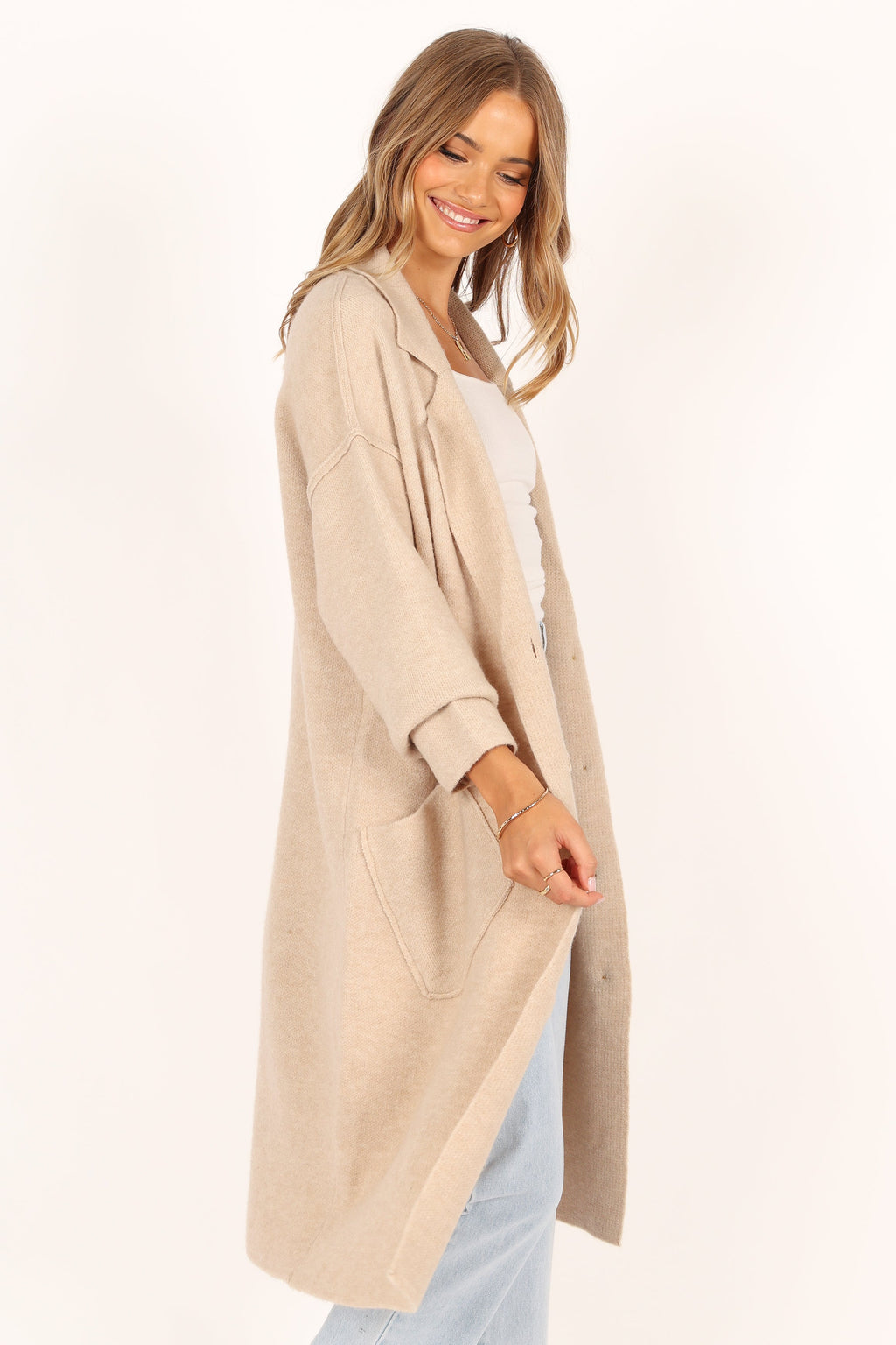 Button Front Long Coat - Oatmeal