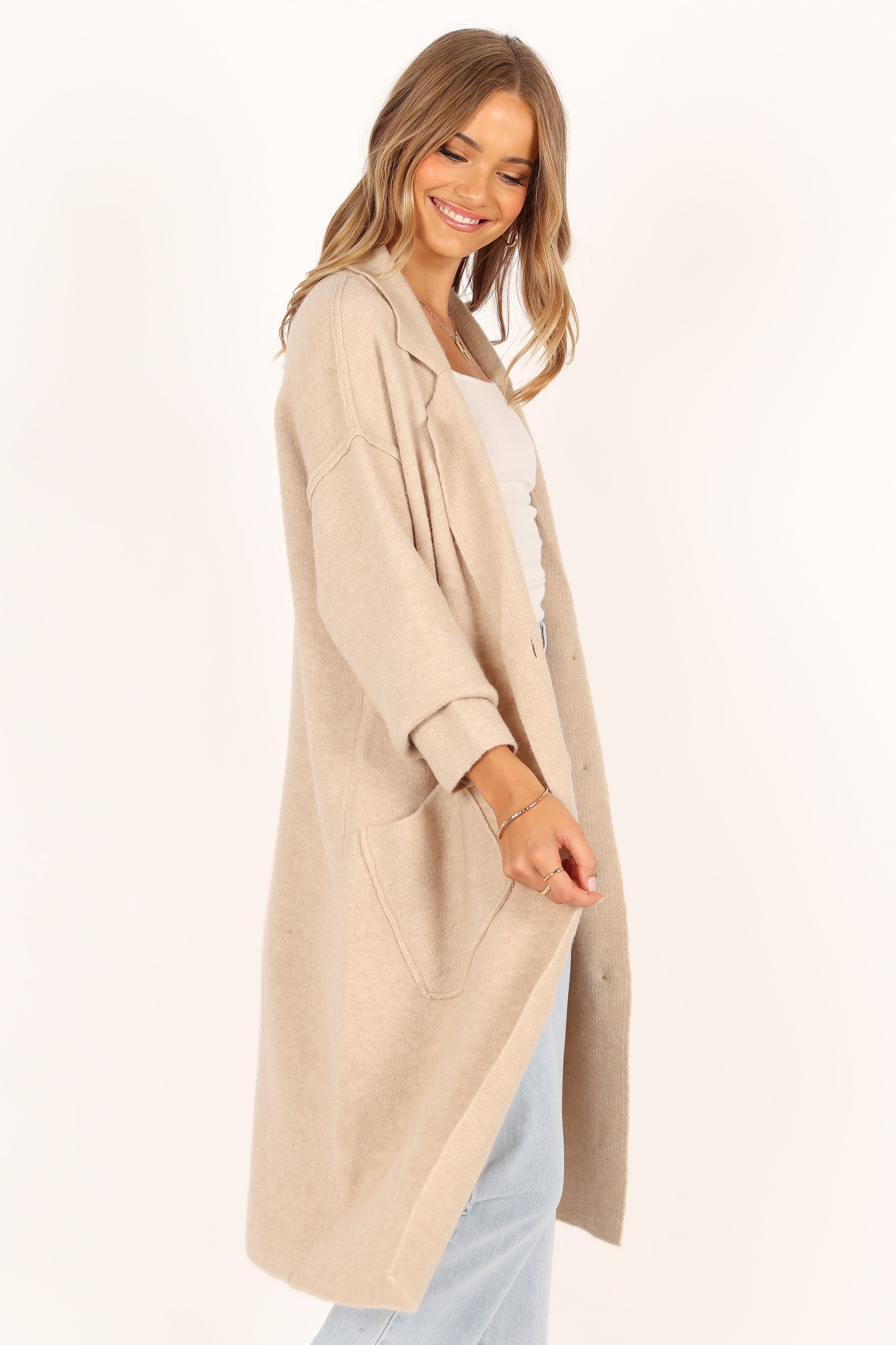 Button Front Long Coat - Oatmeal