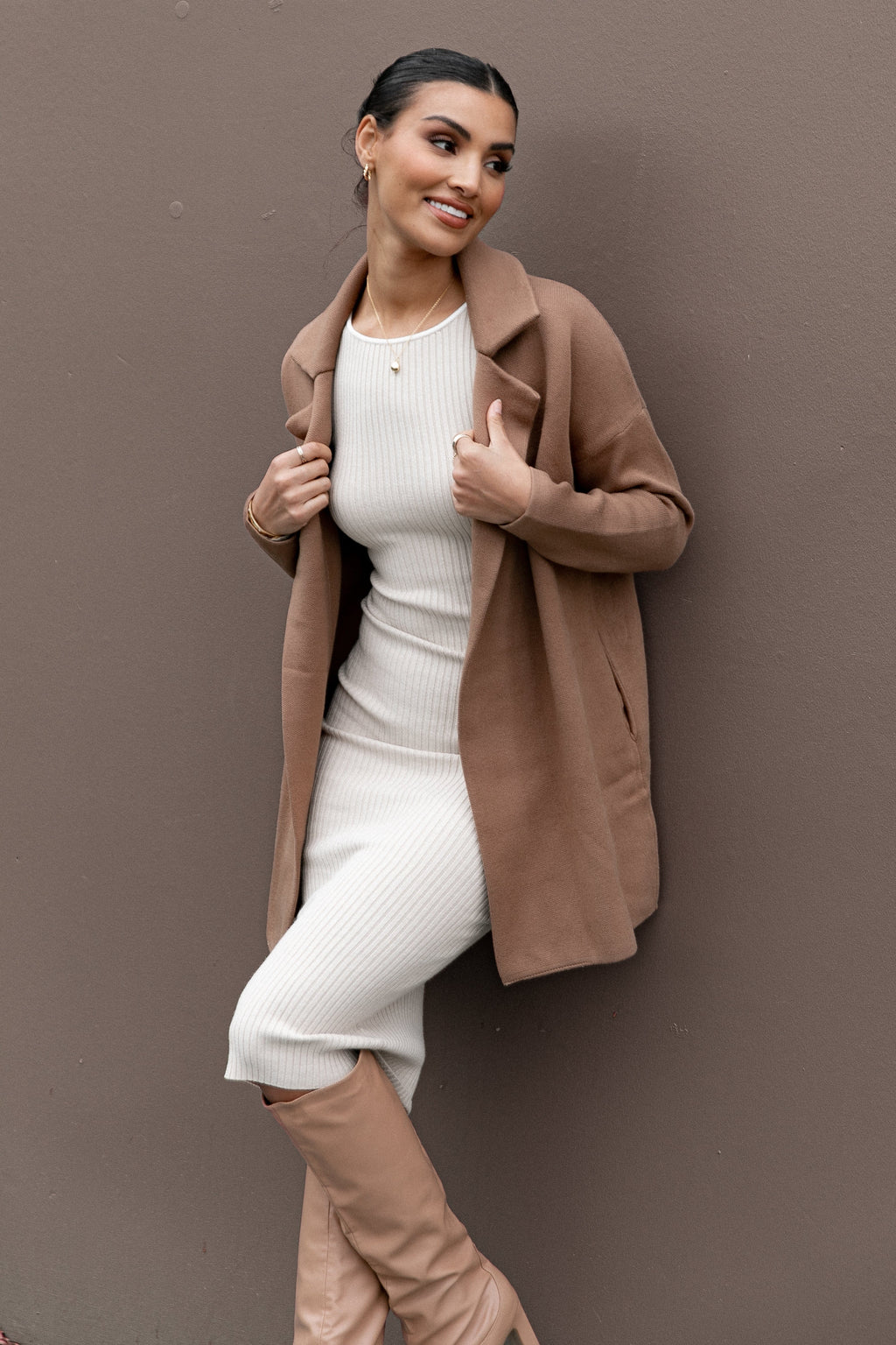 Long Knit Coat - Brown