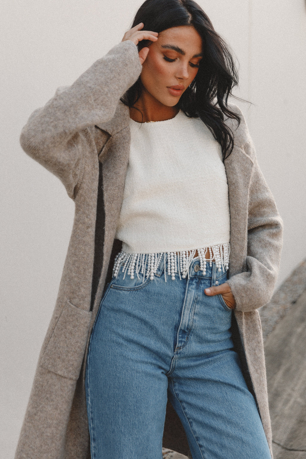Open Front Long Coat - Taupe