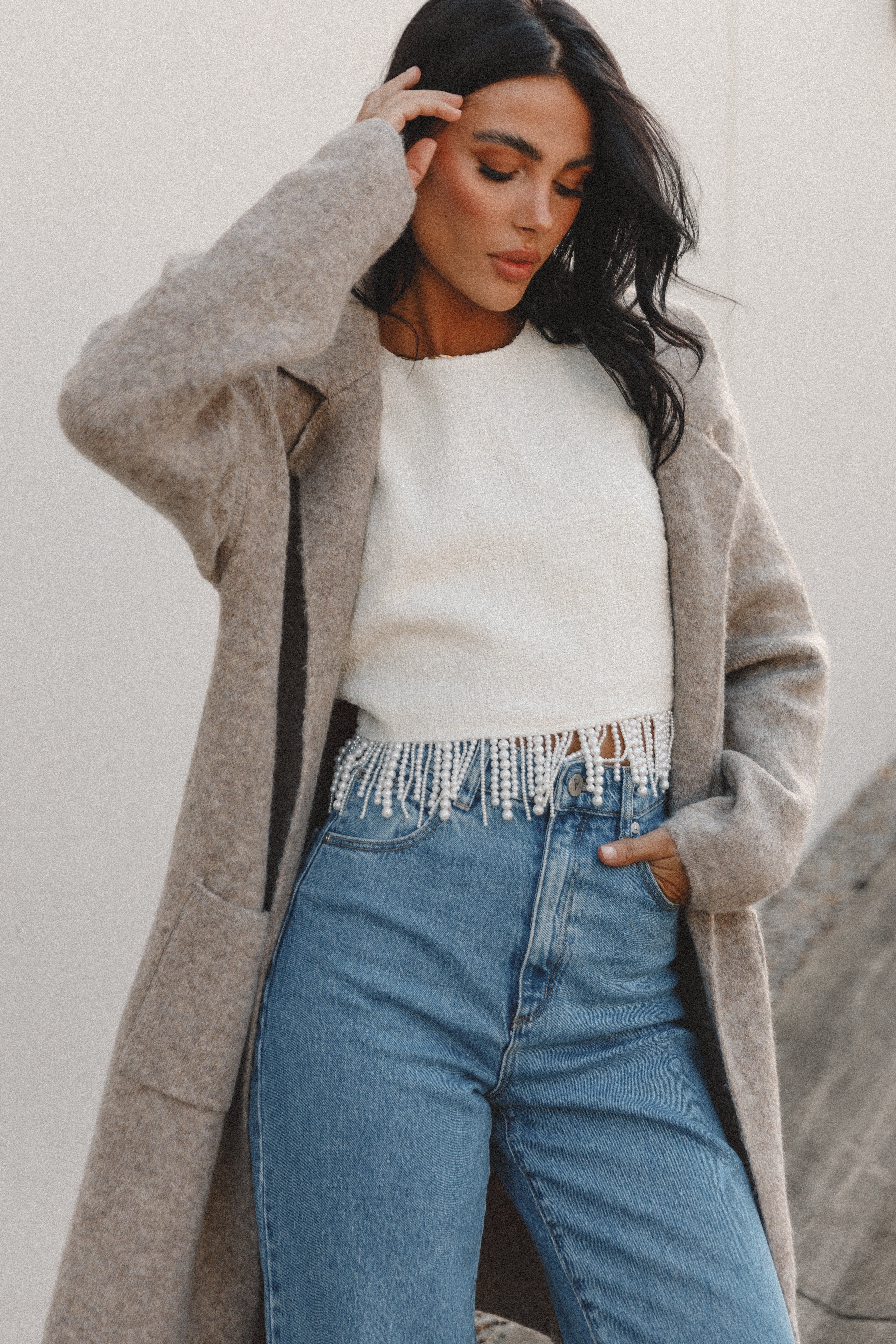 Langer Mantel mit offener Vorderseite – Taupe