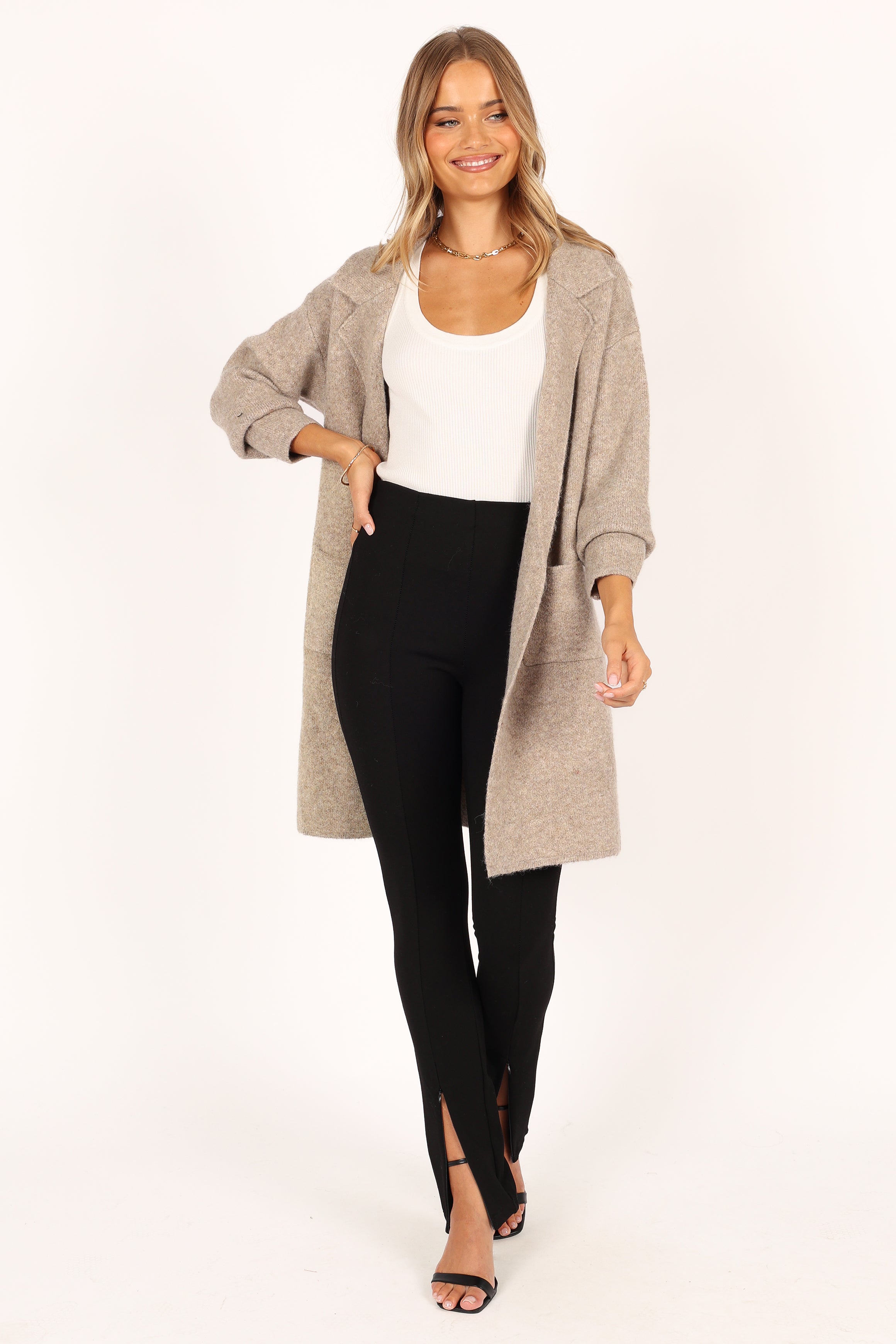 Langer Mantel mit offener Vorderseite – Taupe