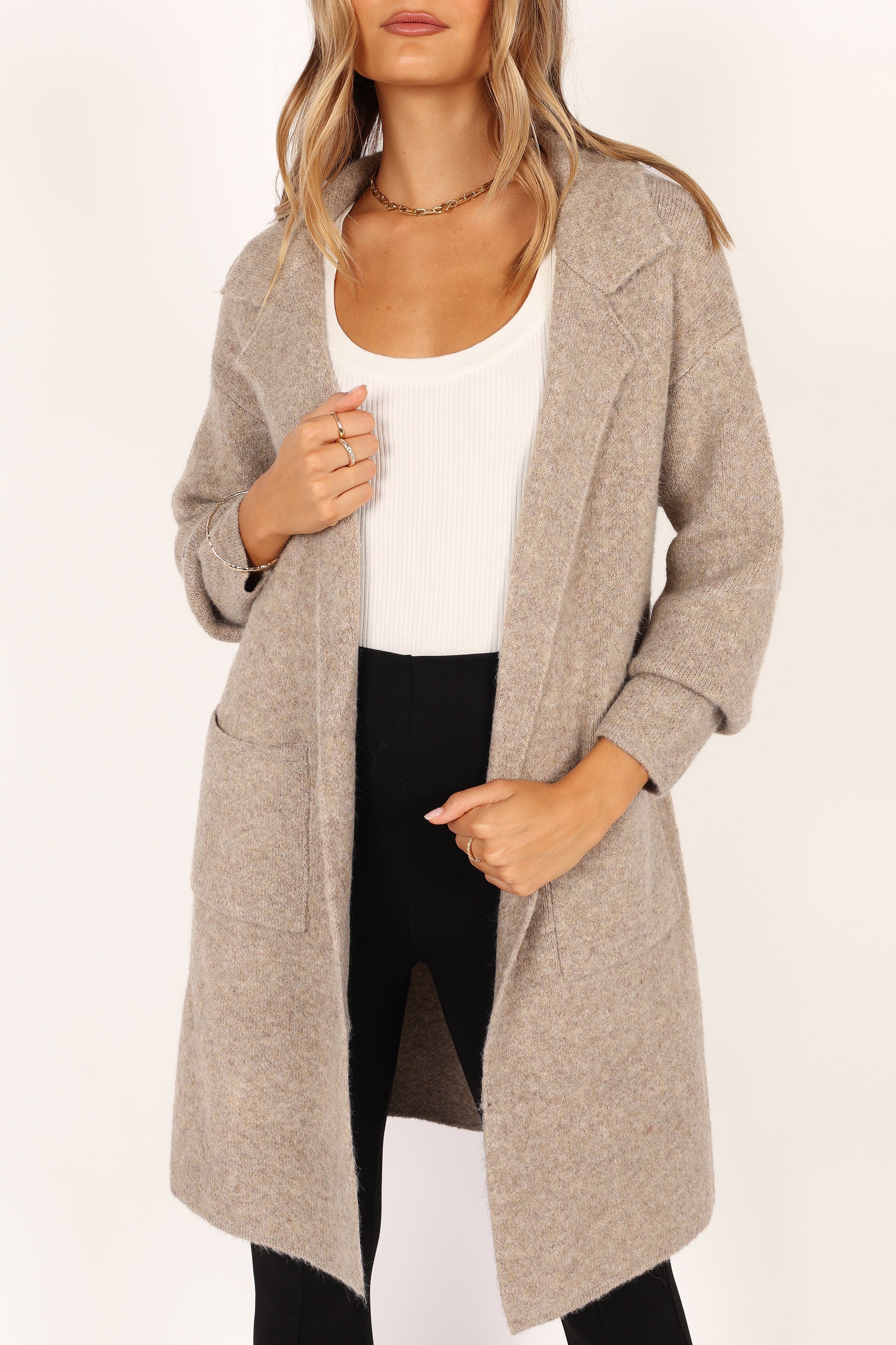 Langer Mantel mit offener Vorderseite – Taupe